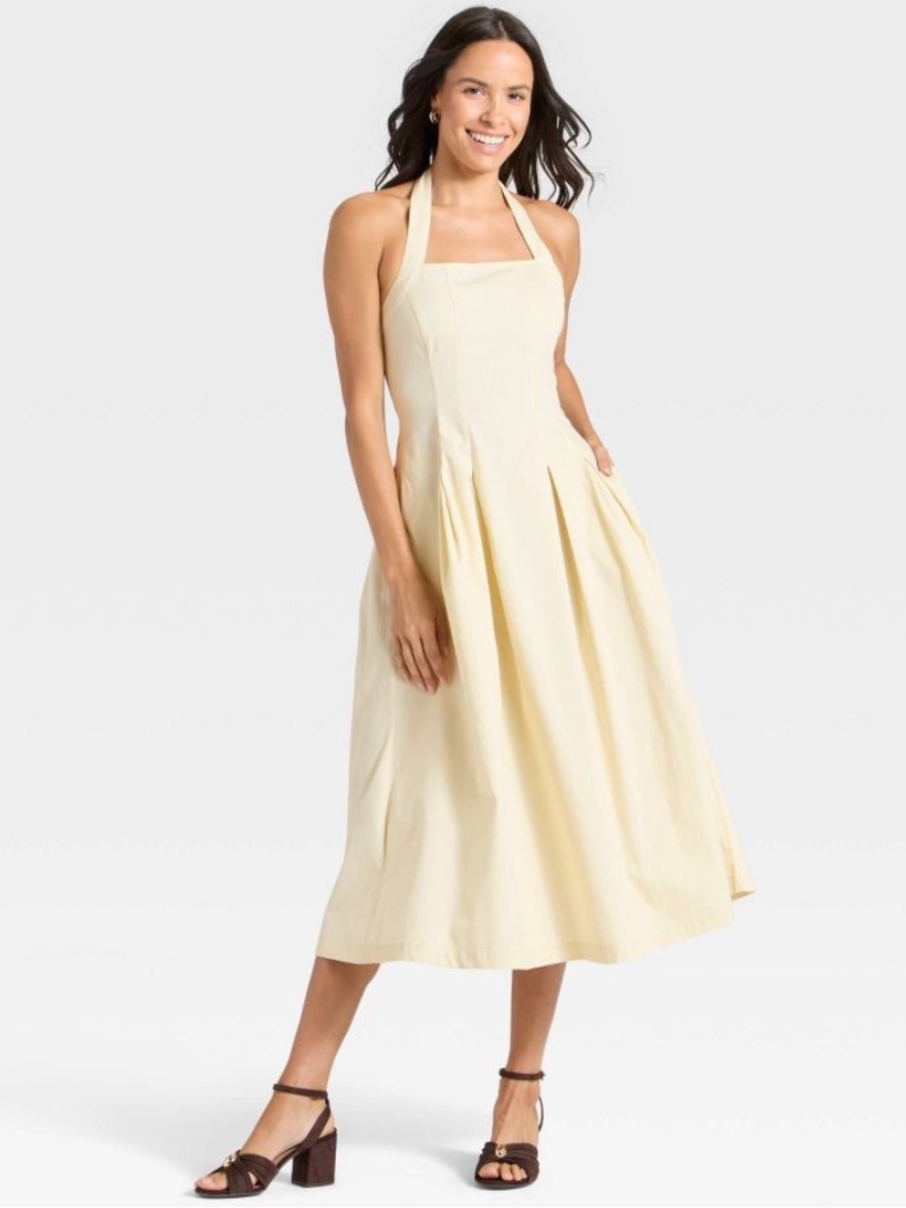 a new day Cream Halter Midi Dress with Pleated Skirt